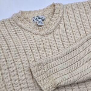 Vtg LL Bean Chunky Cable Knit 100% Wool Sweater Made In Ireland Ivory Men's M